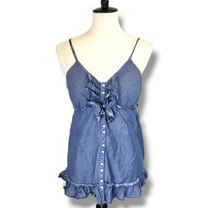 LEI Y2K Denim-Look Button-up Ruffle Tank Size XL